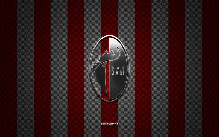 SSC Bari logo, Italian football club, Serie B, red and white carbon background, SSC Bari emblem, football, SSC Bari, Italy, SSC Bari silver metal logo