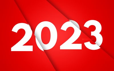4k, 새해 복 많이 받으세요 2023, 빨간 종이 슬라이스 배경, 2023 개념, 빨간 재료 디자인, 2023 새해 복 많이 받으세요, 3d 아트, 창의적인, 2023 빨간 배경, 2023 년, 2023 3d 자리