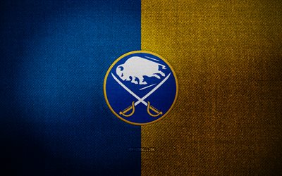 buffalo sabres badge, 4k, blau gelber stoffhintergrund, nhl, buffalo sabres logo, buffalo sabres emblem, hockey, sportlogo, buffalo sabres flag, american hockey team, buffalo sabres