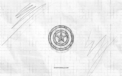 キャプテンアメリカのスケッチロゴ, 4k, 市松模様の紙の背景, キャプテンアメリカブラックロゴ, スーパーヒーロー, ロゴスケッチ, キャプテンアメリカのロゴ, 鉛筆の描画, キャプテン・アメリカ