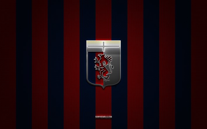 genoa cfc logo, نادي كرة القدم الإيطالي, دوري الدرجة الأولى, خلفية الكربون الأزرق الأحمر, genoa cfc emblem, كرة القدم, جنوة cfc, إيطاليا, genoa cfc silver metal logo