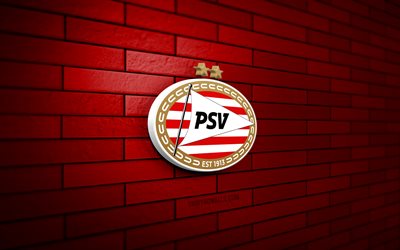 PSV Eindhoven 3D logo, 4K, red brickwall, Eredivisie, soccer, dutch football club, PSV Eindhoven logo, PSV Eindhoven emblem, football, PSV Eindhoven, PSV, sports logo, PSV Eindhoven FC