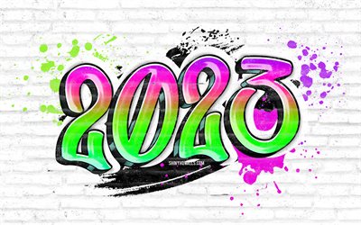 2023 feliz año nuevo, 4k, arte de graffiti, muro de ladrillo blanco, dígitos coloridos de graffiti, 2023 conceptos, feliz año nuevo 2023, creativo, 2023 fondo blanco, 2023 año, 2023 dígitos de graffiti