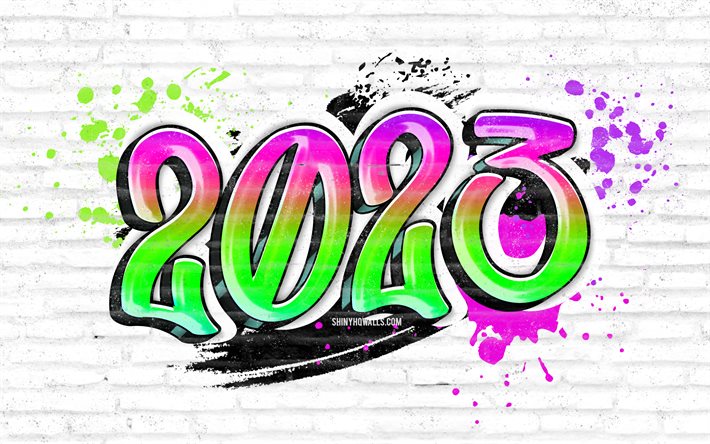 2023 happy new year, 4k, graffiti art, white brickwall, cifre colorate di graffiti, 2023 concetti, felice anno nuovo 2023, creativo, 2023 sfondo bianco, 2023 anni, 2023 graffiti cifre