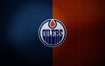 Edmonton Oilers badge, 4k, blue orange fabric background, NHL, Edmonton Oilers logo, Edmonton Oilers emblem, hockey, sports logo, Edmonton Oilers flag, american hockey team, Edmonton Oilers