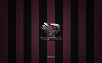logo palermo fc, club de football italien, serie b, fond de carbone noir rose, emblem palermo fc, football, palermo fc, italie, palermo fc silver metal logo
