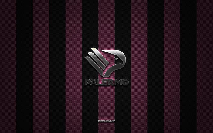 logotipo palermo fc, clube de futebol italiano, série b, fundo de carbono preto rosa, emblema palermo fc, futebol, palermo fc, itália, logotipo de metal de prata palermo fc