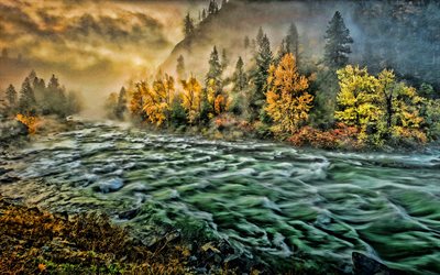 4k, wenatchee 강, 가을, hdr, 마운틴 리버, 산 풍경, 노란 나무, 강, 워싱턴 주, 미국