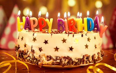 4k, happy birthday, candles on the cake, birthday background, birthday cake, happy birthday greeting card, birthday party