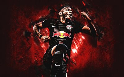 Christopher Nkunku, RB Leipzig, Bundesliga, red stone background, RB Leipzig black uniform, french football player, Germany, football, Nkunku