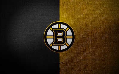 boston bruins rozeti, 4k, siyah sarı kumaş arka plan, nhl, boston bruins logosu, boston bruins amblemi, hokey, spor logosu, boston bruins bayrağı, amerikan hokey takımı, boston bruins