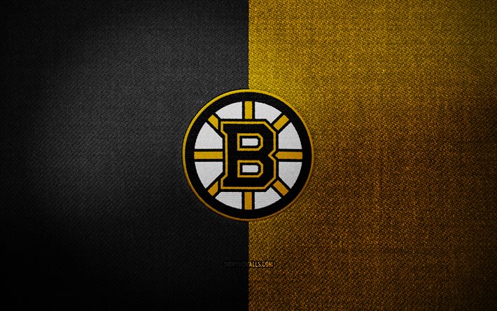 شارة بوسطن بروينز, 4k, خلفية النسيج الأصفر الأسود, nhl, شعار بوسطن بروينز, بوسطن بروينز شعار, الهوكي, شعار الرياضة, بوسطن بروينس العلم, فريق الهوكي الأمريكي, بروينس بوسطن