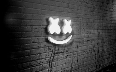 DJ Marshmello neon logo, 4k, black brickwall, Christopher Comstock, grunge art, creative, american DJs, logo on wire, DJ Marshmello white logo, DJ Marshmello logo, Marshmello, artwork, DJ Marshmello