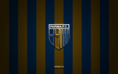parma calcio 1913 logotipo, italian football club, serie b, amarillo blue carbon background, parma calcio 1913 emblema, football, parma calcio 1913, italia, parma calcio 1913 logotipo de metal de plata