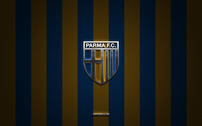 logotipo de parma calcio 1913, clube de futebol italiano, série b, fundo de carbono azul amarelo, emblema de parma calcio 1913, futebol, parma calcio 1913, itália, parma calcótica 1913 logotipo de metal de prata