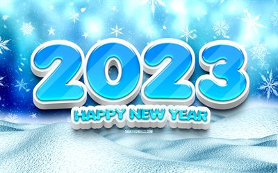 2023 frohes neues jahr, 4k, schneeflocken, blaue 3d -ziffern, 2023 konzepte, kreativ, 2023 3d -ziffern, frohes neues jahr 2023, 2023 blauer hintergrund, 2023 jahr, 2023 winterkonzepte