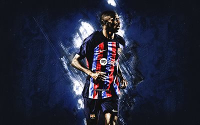 ousmane dembele, fcバルセロナ, フランスのフットボール選手, 肖像画, 青い石の背景, la liga, スペイン, フットボール, デンベレバルセロナ
