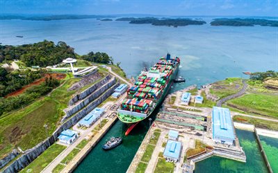 Panama Canal, 4k, shipping channel, LKW, cargo ships, tankers, cargo transport, transportation concepts, ships, Panama
