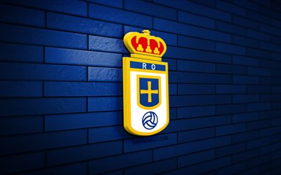 real oviedo logo 3d, 4k, muro di mattoni blu, laliga2, calcio, squadra di calcio spagnola, logo real oviedo, emblema del real oviedo, la liga 2, real oviedo, logo sportivo, real oviedo fc