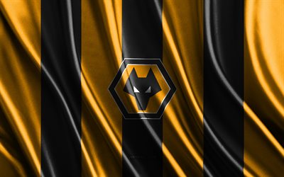 4k, Wolverhampton Wanderers FC, Premier League, black yellow silk texture, Wolverhampton Wanderers FC flag, football, silk flag, Wolverhampton Wanderers FC emblem, England, Wolverhampton Wanderers FC badge