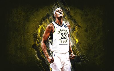 Myles Turner, Indiana Pacers, portrait, NBA, yellow stone background, american basketball player, National Basketball Association, basketball, USA