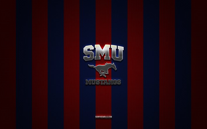SMU Mustangs logo, American football team, NCAA, red blue carbon background, SMU Mustangs emblem, American football, SMU Mustangs, USA, SMU Mustangs silver metal logo