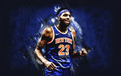 Mitchell Robinson, New York Knicks, NBA, american basketball player, portrait, blue stone background, basketball, National Basketball Association