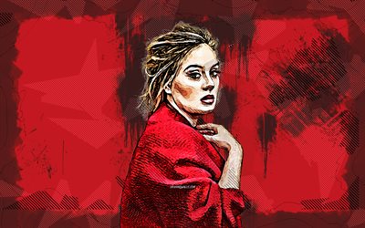 Adele, 4K, grunge art, british singer, music stars, Adele Laurie Blue Adkins, red grunge background, superstars, Adele art