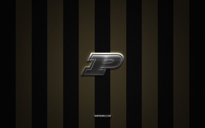 Purdue Boilermakers logo, American football team, NCAA, black and gold carbon background, Purdue Boilermakers emblem, American football, Purdue Boilermakers, USA, Purdue Boilermakers silver metal logo