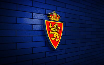 real zaragoza logotipo 3d, 4k, parede de tijolos azul, laliga2, futebol, clube de futebol espanhol, logótipo do real saragoça, emblema do real saragoça, liga 2, real saragoça, logotipo esportivo, real saragoça fc