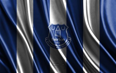 4k, Everton FC, Premier League, blue white silk texture, Everton FC flag, English football team, football, silk flag, Everton FC emblem, England, Everton FC badge