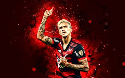 4k, Pedro Guilherme, 2022, CR Flamengo, red neon lights, Pedro, Brazilian footballers, Serie A, Pedro Guilherme 4K, Flamengo FC, red abstract background, football, Pedro Guilherme Flamengo