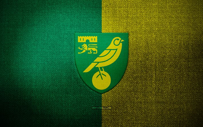 Norwich City FC badge, 4k, green yellow fabric background, EFL Championship, Norwich City FC logo, Norwich City FC emblem, sports logo, english football club, Norwich City, soccer, football, Norwich City FC
