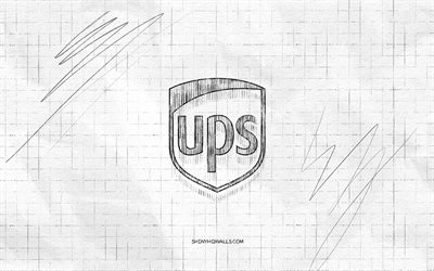 logo ups schizzo, 4k, sfondo carta a scacchi, logo ups nero, marchi, schizzi logo, logo ups, disegno a matita, ups