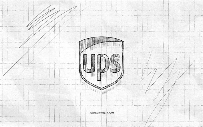 ups-skizzenlogo, 4k, karierter papierhintergrund, schwarzes ups-logo, marken, logoskizzen, ups-logo, bleistiftzeichnung, ups