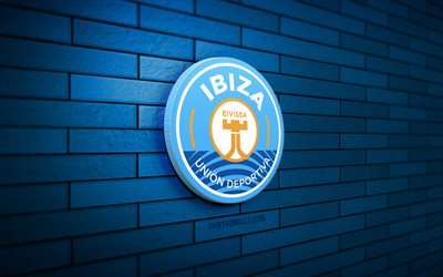 logo ud ibiza 3d, 4k, mur de briques bleu, laliga2, football, club de football espagnol, logo ud ibiza, emblème ud ibiza, la liga 2, ud ibiza, logo sportif, ibiza fc