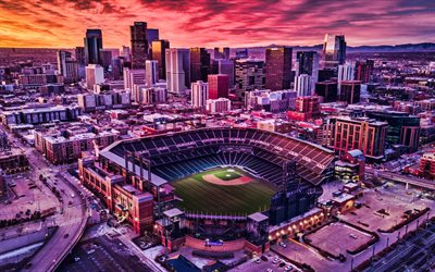 4k, Coors Field, baseball stadium, Denver cityscape, Denver skyline, evening, sunset, Colorado Rockies Stadium, Major League Baseball, Denver, USA, baseball, Colorado Rockies