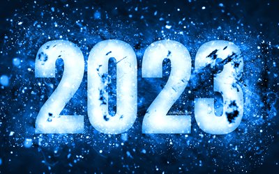 4k, feliz ano novo 2023, luzes de neon azuis, conceitos de 2023, 2023 feliz ano novo, arte neon, criativo, fundo azul 2023, 2023 ano, 2023 dígitos azuis