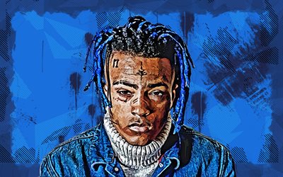 XXXTentacion, 4k, blue grunge background, music stars, american rappers, creative, Jahseh Dwayne Onfroy, american celebrity, fan art, XXXTentacion 4K, grunge art, XXXTentacion art