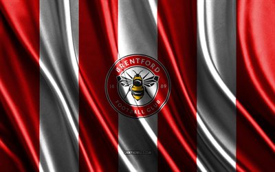 4k, Brentford FC, Premier League, red white silk texture, Brentford FC flag, English football team, football, silk flag, Brentford FC emblem, England, Brentford FC badge