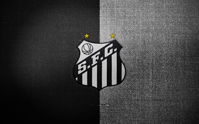 サントスfcのバッジ, 4k, 黒の白い布の背景, ブラジルのセリエ a, サントスfcのロゴ, サントスfcのエンブレム, スポーツのロゴ, ブラジルのサッカークラブ, sfc, サントス, サッカー, フットボール, サントスfc