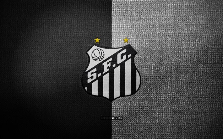 stemma del santos fc, 4k, sfondo in tessuto bianco nero, serie a brasiliana, logo del santos fc, emblema del santos fc, logo sportivo, squadra di calcio brasiliana, sfc, santos, calcio, santos fc
