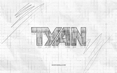 tyan スケッチ ロゴ, 4k, 市松模様の紙の背景, ティアンブラックのロゴ, ブランド, ロゴスケッチ, ティアンのロゴ, 鉛筆画, ティアン