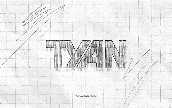 logo de croquis tyan, 4k, fond de papier à carreaux, logo noir tyan, marques, croquis de logo, logo tyan, dessin au crayon, tyan