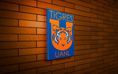 tigres uanl logo 3d, 4k, muro di mattoni arancione, liga mx, calcio, squadra di calcio messicana, logo tigres uanl, emblema tigres uanl, tigres uanl, logo sportivo, tigres uanl fc