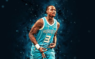 Terry Rozier, 4k, blue neon lights, Charlotte Hornets, NBA, basketball, Terry Rozier 4K, blue abstract background, Terry Rozier Charlotte Hornets