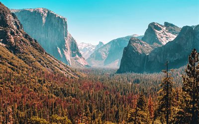 4k, parque nacional de yosemite, dia ensolarado, outono, vale, califórnia, américa, montanhas, eua, natureza bela, floresta, marcos americanos