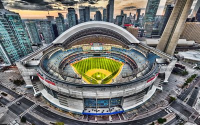 4k, Rogers Centre, Aerial View, SkyDome, Toronto, Canadian Baseball Stadium, Major League Baseball, Toronto Blue Jays Stadium, Toronto Skyline, Ontario, Canada, Toronto Blue Jays