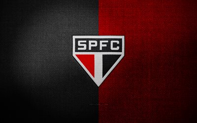 شارة نادي ساو باولو لكرة القدم, 4k, أسود أحمر النسيج الخلفية, الدوري البرازيلي, شعار نادي ساو باولو لكرة القدم, شعار رياضي, نادي كرة القدم البرازيلي, spfc, كرة القدم, ساو باولو