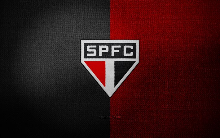 شارة نادي ساو باولو لكرة القدم, 4k, أسود أحمر النسيج الخلفية, الدوري البرازيلي, شعار نادي ساو باولو لكرة القدم, شعار رياضي, نادي كرة القدم البرازيلي, spfc, كرة القدم, ساو باولو